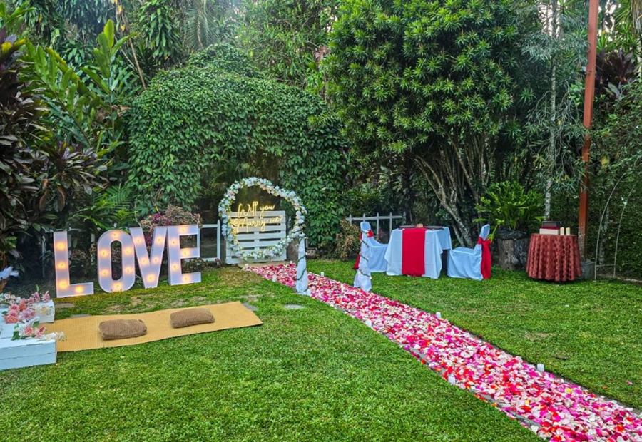 Decoración Platinum de propuesta de matrimonio en el jardín: letras LOVE, sendero de pétalos y letrero luminoso