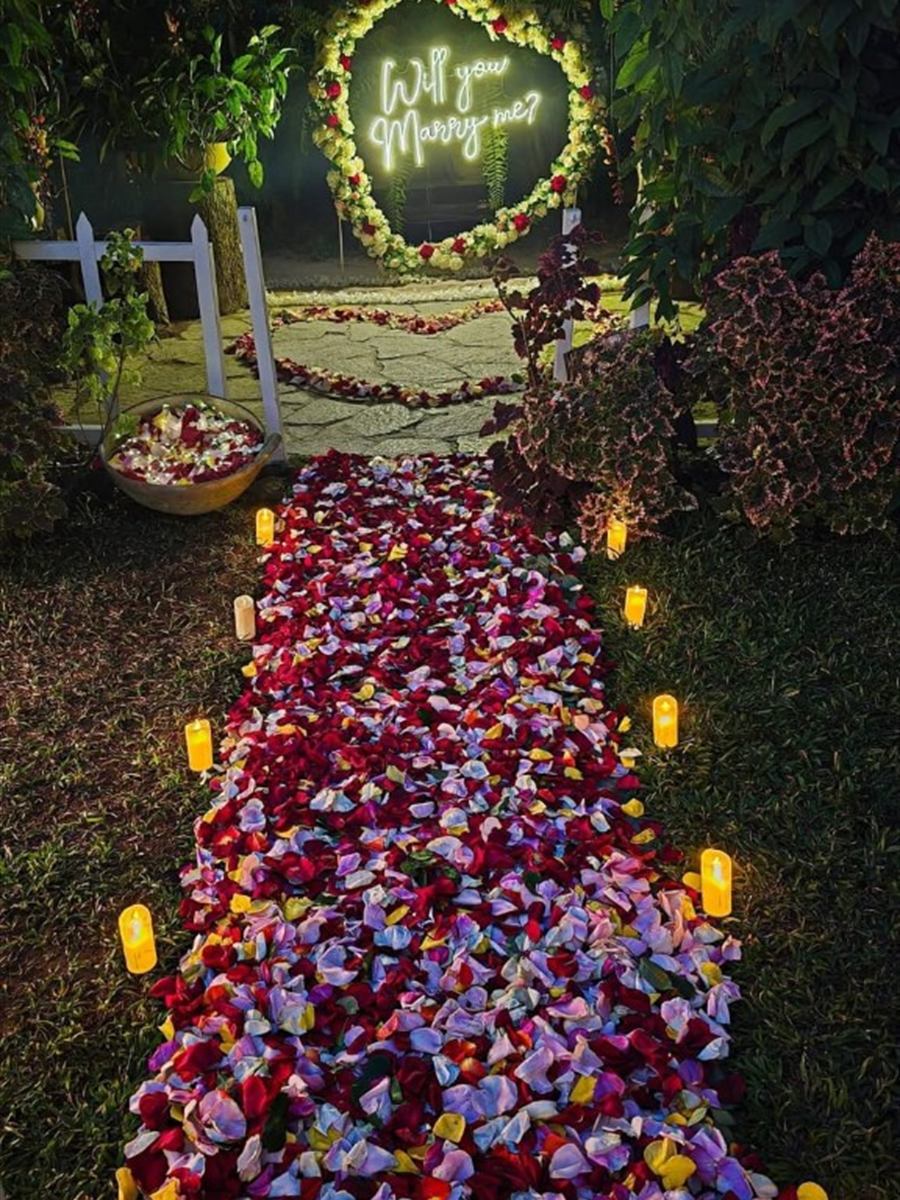 Sendero de pétalos de rosa y velas hacia el letrero de propuesta en el jardín